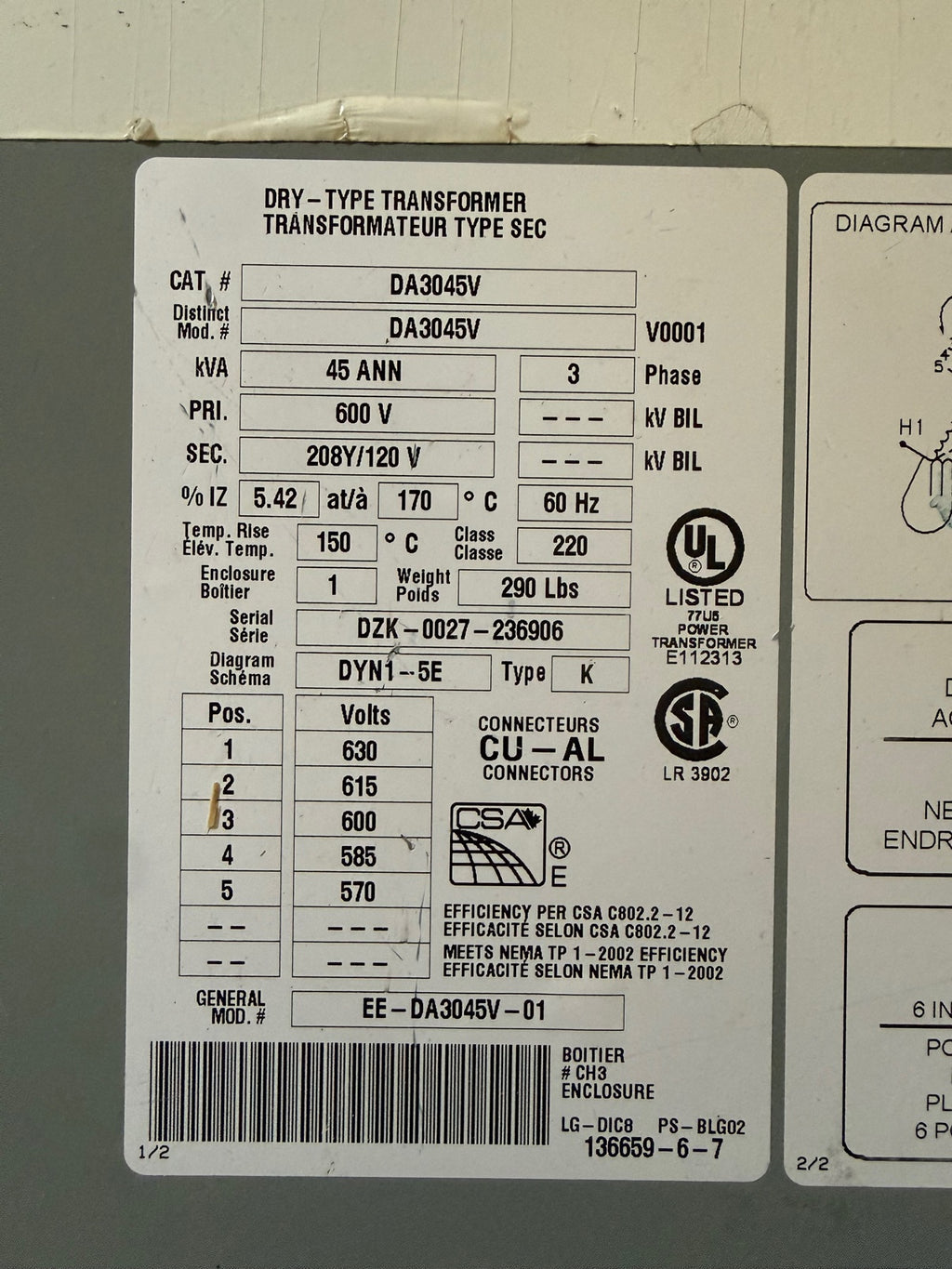 Delta DA3045V transformer nameplate - 45 kVA, 600V to 208Y/120V