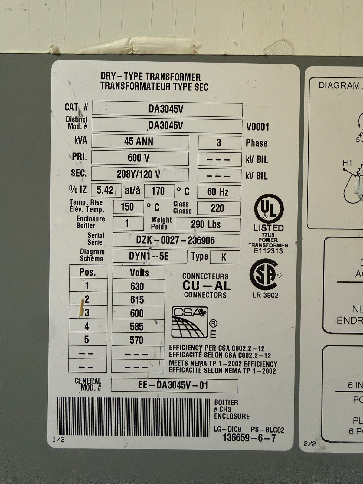 Delta DA3045V transformer nameplate - 45 kVA, 600V to 208Y/120V