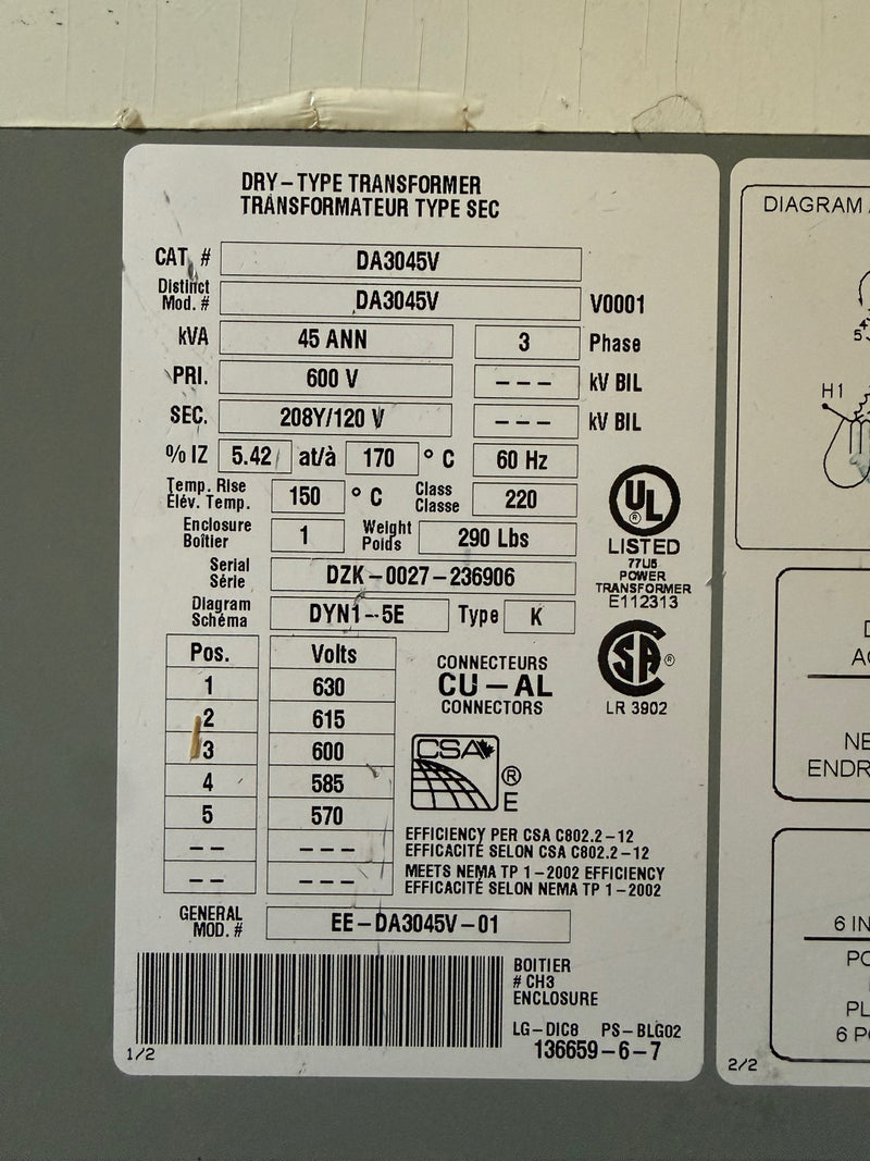 Delta DA3045V transformer nameplate - 45 kVA, 600V to 208Y/120V