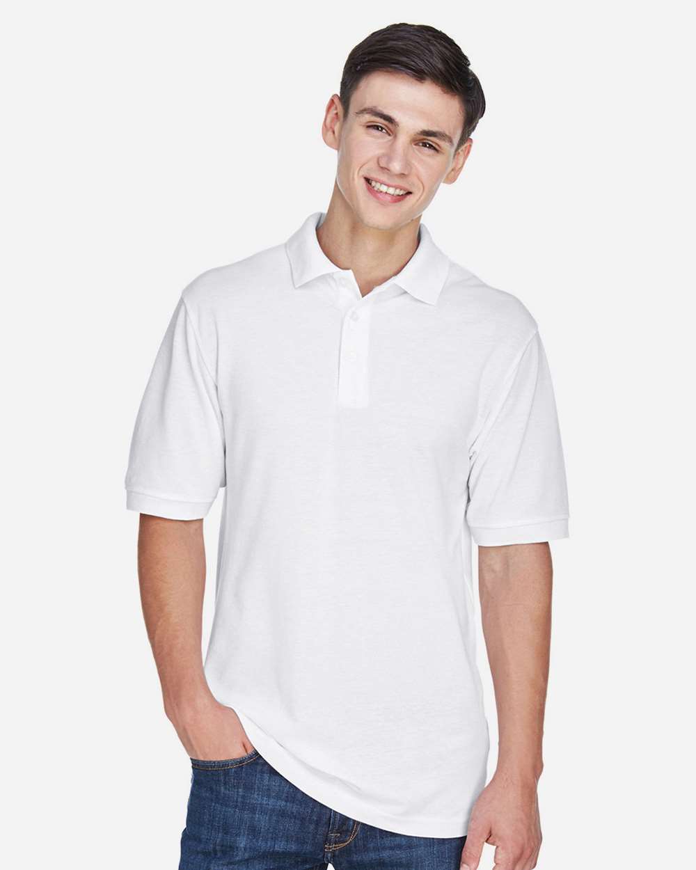 Harriton M265, 13836 Men's Easy Blend Polo, White