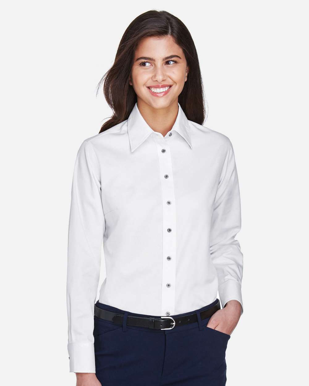 Harriton M500W, 13841 Women's Easy Blend Twill Dress Shirt With Stain-release, White