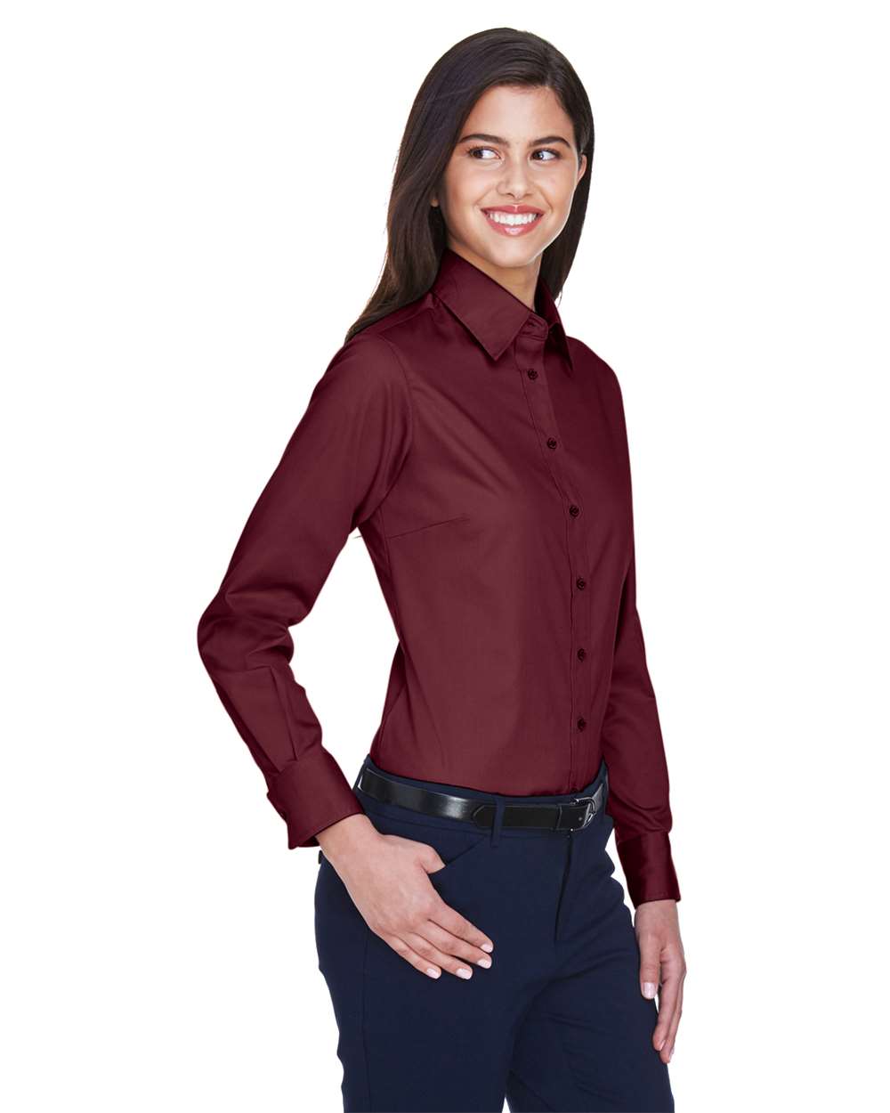Harriton M500W, 13841 Women's Easy Blend Twill Dress Shirt With Stain-release, Wine