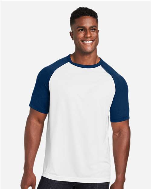 Team 365 TT62, Unisex Zone Colorblock Raglan T-shirt, White/ Sport Dark Navy Heather