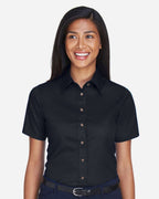 Harriton M500SW, 13895 Women's Easy Blend Short Sleeve Twill Dress Shirt With Stain-release, Black