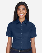 Harriton M500SW, 13895 Women's Easy Blend Short Sleeve Twill Dress Shirt With Stain-release, Navy