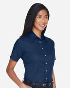 Harriton M500SW, 13895 Women's Easy Blend Short Sleeve Twill Dress Shirt With Stain-release, Navy