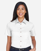 Harriton M500SW, 13895 Women's Easy Blend Short Sleeve Twill Dress Shirt With Stain-release, White