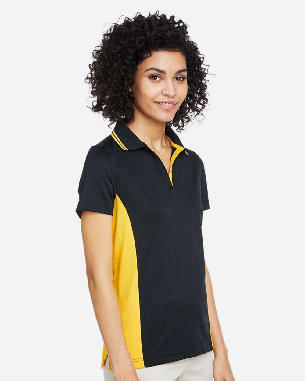 Harriton M386W, 13909 Women's Flash Snag Protection Plus Il Colorblock Polo, Black/ Sunray Yellow