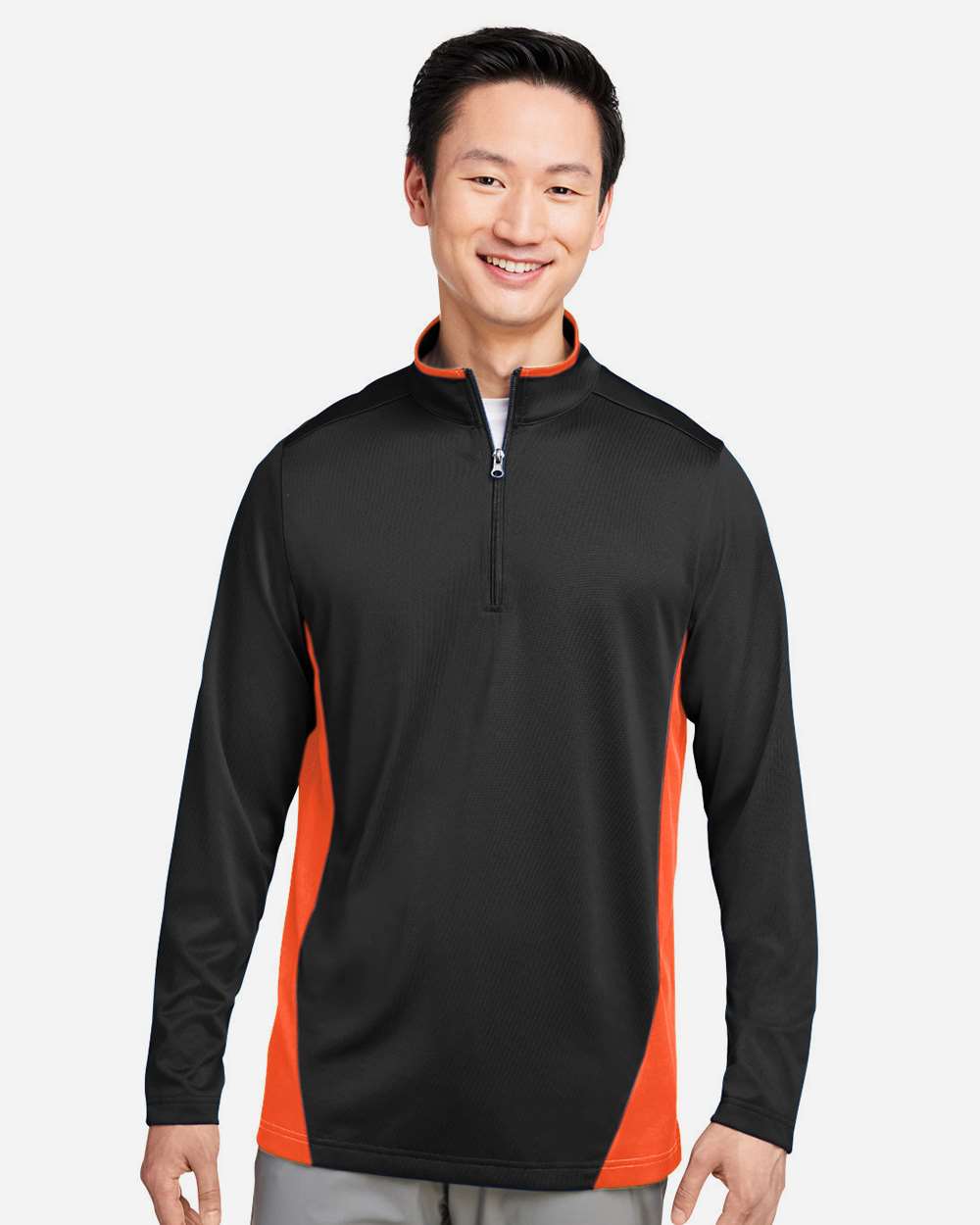 Harriton M786, 13930 Men's Flash Snag Protection Plus Il Colorblock Quarter-zip Pullover, Black/ Team Orange