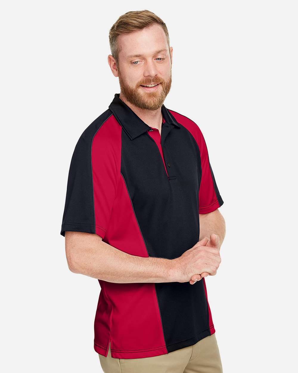Harriton M385, 13951 Men's Advantage Snag Protection Plus Il Colorblock Polo, Black/ Red/ Dark Charcoal