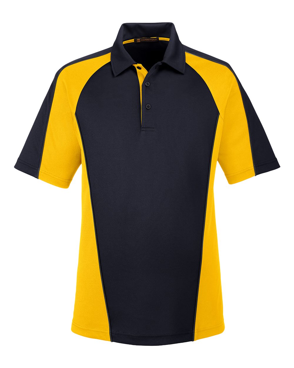 Harriton M385, 13951 Men's Advantage Snag Protection Plus Il Colorblock Polo, Black/ Sunray Yellow/ Dark Charcoal