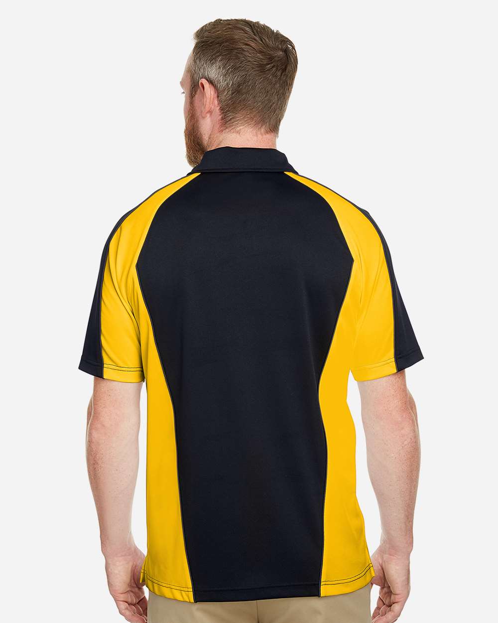 Harriton M385, 13951 Men's Advantage Snag Protection Plus Il Colorblock Polo, Black/ Sunray Yellow/ Dark Charcoal