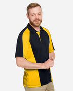 Harriton M385, 13951 Men's Advantage Snag Protection Plus Il Colorblock Polo, Black/ Sunray Yellow/ Dark Charcoal