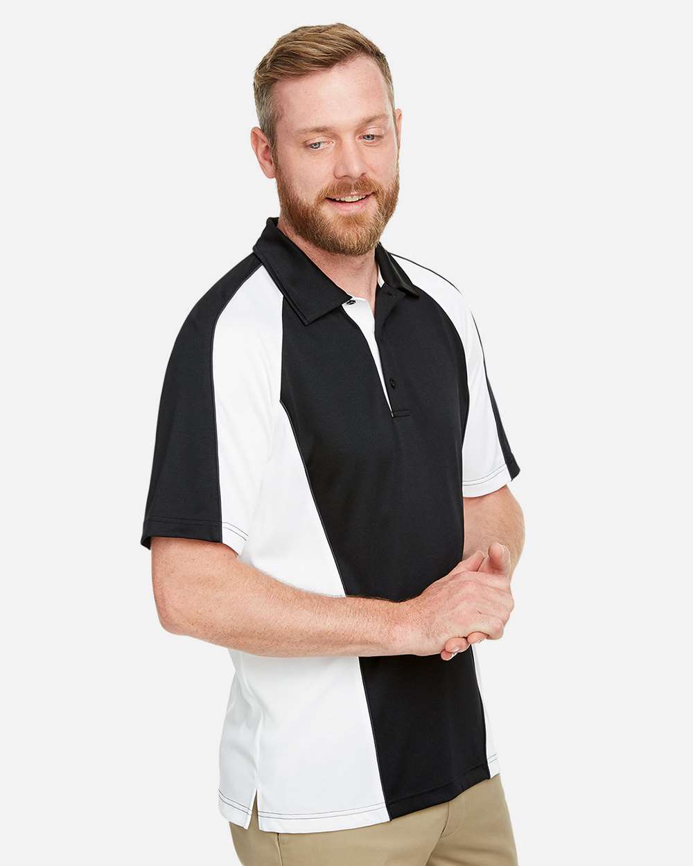 Harriton M385, 13951 Men's Advantage Snag Protection Plus Il Colorblock Polo, Black/ White/ Dark Charcoal