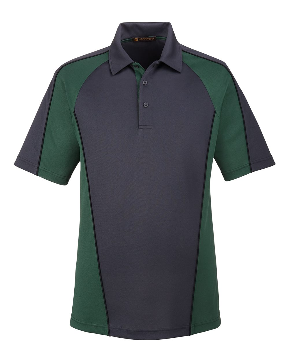 Harriton M385, 13951 Men's Advantage Snag Protection Plus Il Colorblock Polo, Dark Charcoal/ Dark Green/ Black