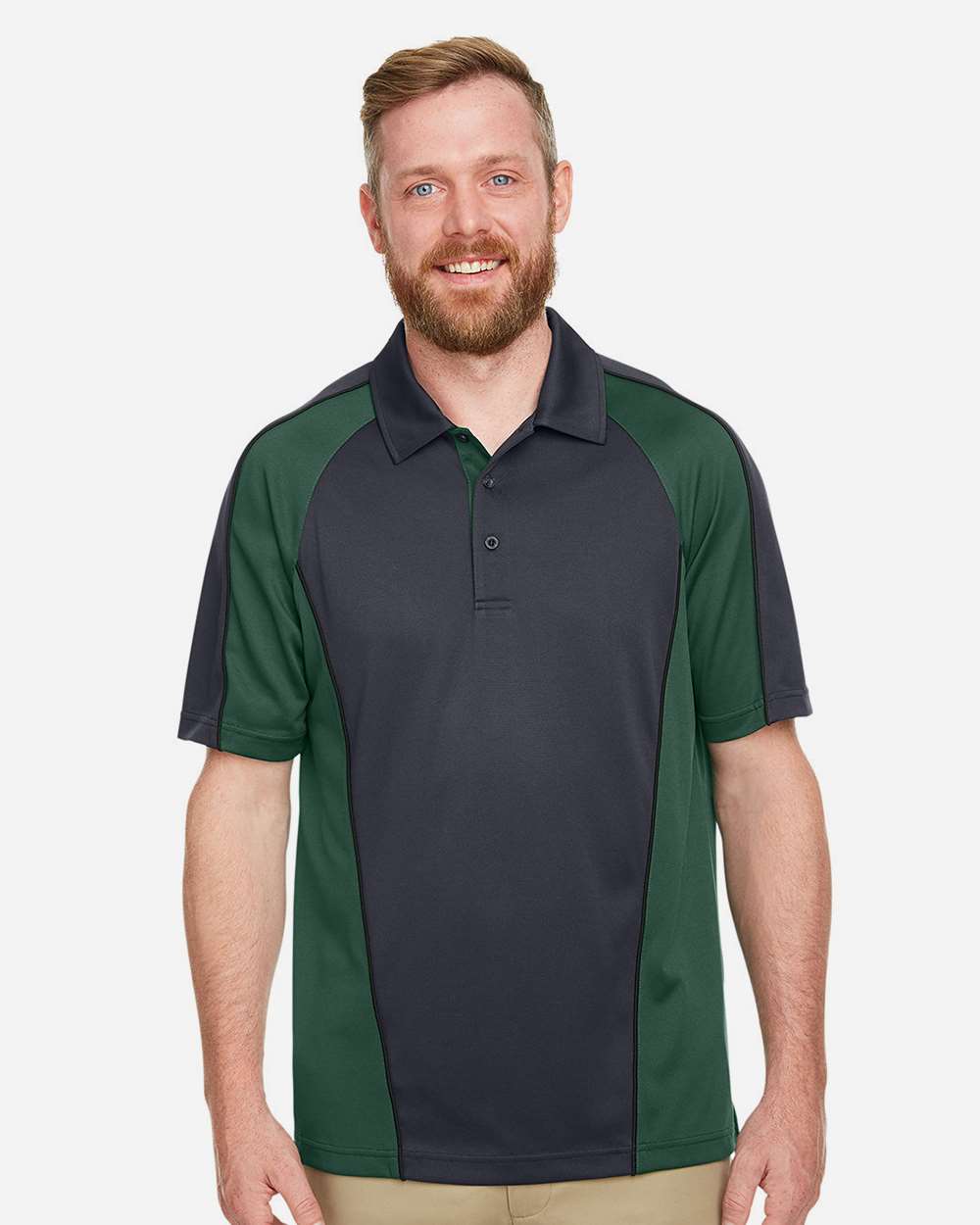 Harriton M385, 13951 Men's Advantage Snag Protection Plus Il Colorblock Polo, Dark Charcoal/ Dark Green/ Black