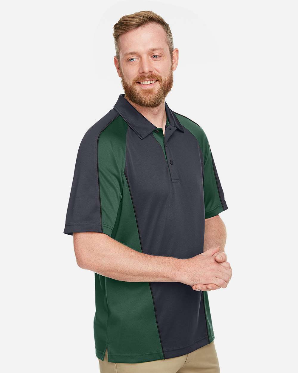 Harriton M385, 13951 Men's Advantage Snag Protection Plus Il Colorblock Polo, Dark Charcoal/ Dark Green/ Black