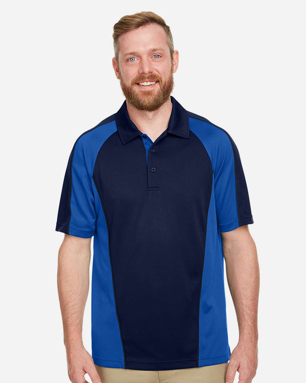Harriton M385, 13951 Men's Advantage Snag Protection Plus Il Colorblock Polo, Dark Navy/ True Royal/ Dark Charcoal