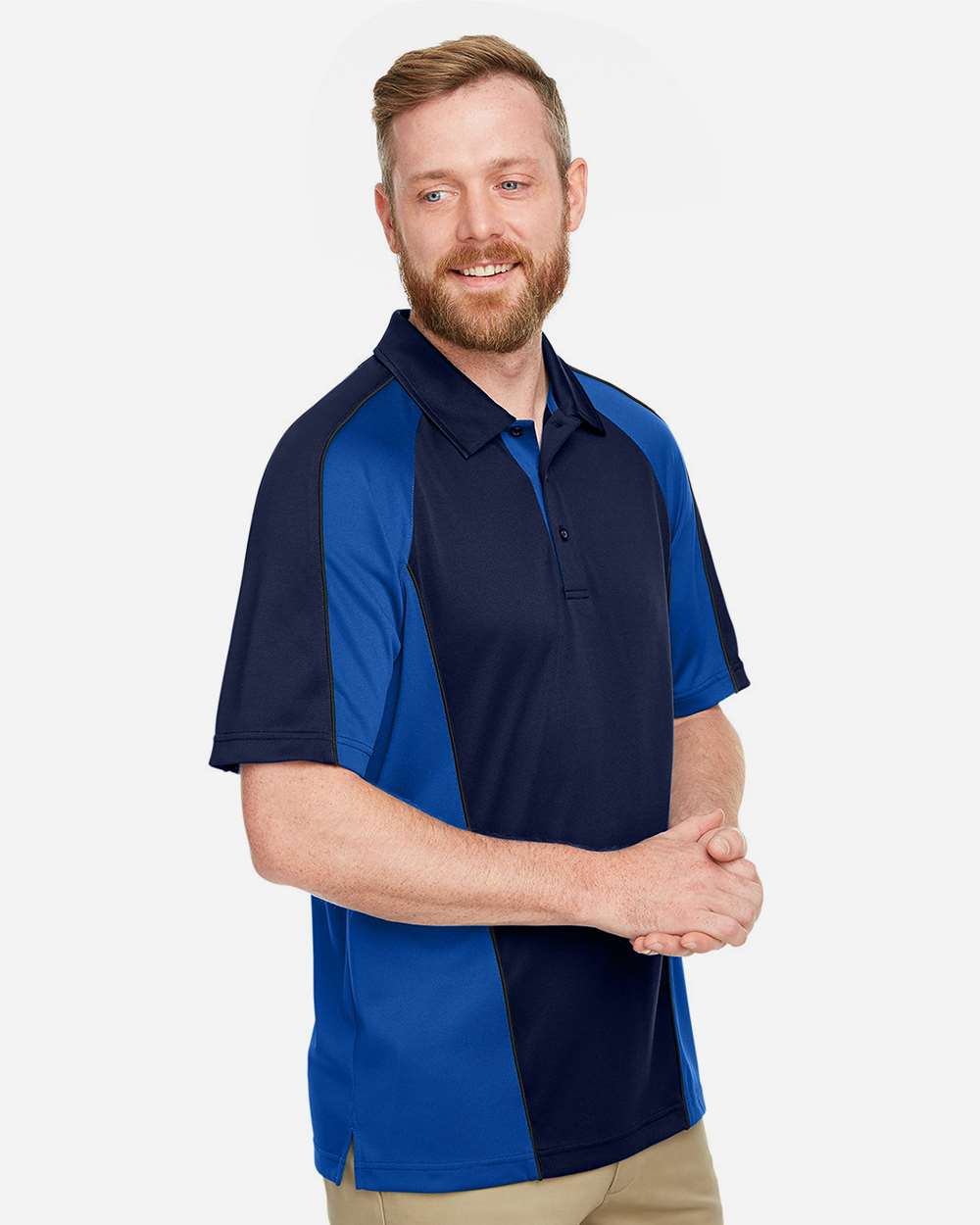 Harriton M385, 13951 Men's Advantage Snag Protection Plus Il Colorblock Polo, Dark Navy/ True Royal/ Dark Charcoal