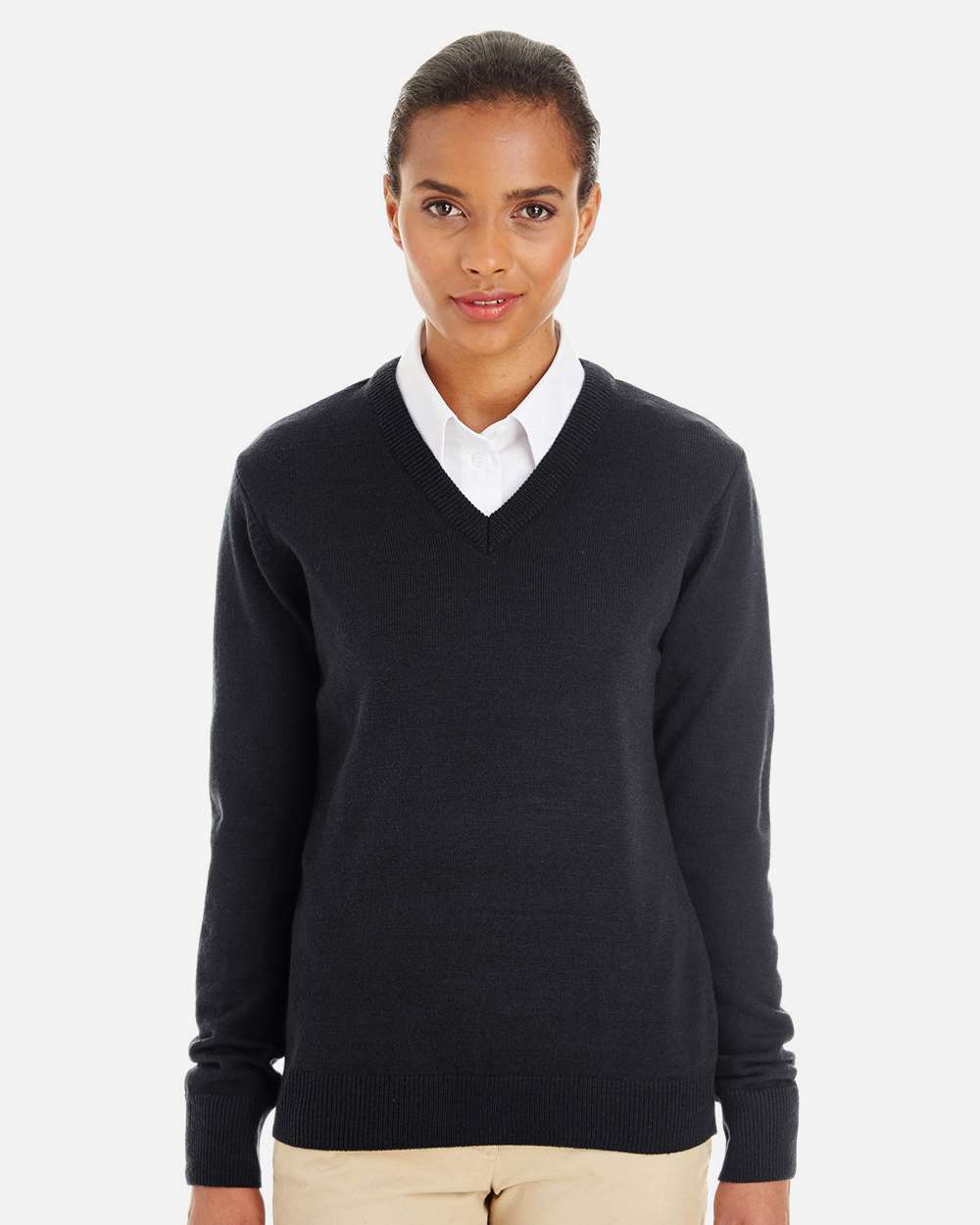 Harriton M420W, 14389 Women's Pilbloc V-neck Sweater, Black