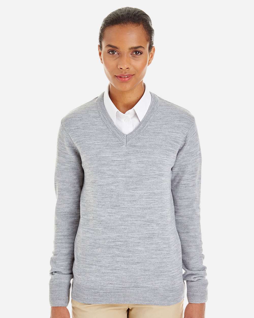 Harriton M420W, 14389 Women's Pilbloc V-neck Sweater, Grey Heather