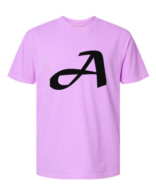 Alphabet A T-Shirt 9 inch calligraphy Black ink, Neon Violet