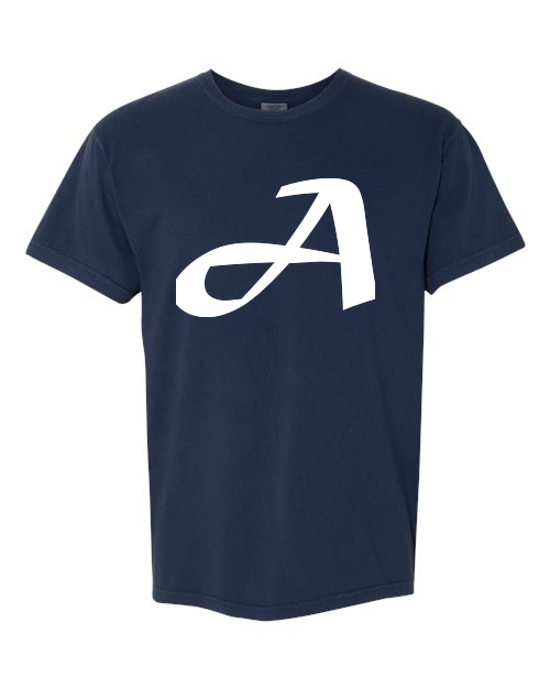 Alphabet A T-Shirt 9 inch calligraphy White ink, True Navy