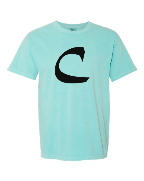 Alphabet C T-Shirt 9 inch calligraphy Black ink, Chalky Mint