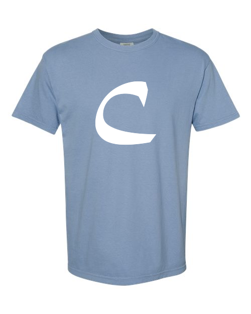 Alphabet C T-Shirt 9 inch calligraphy White ink, Washed Denim