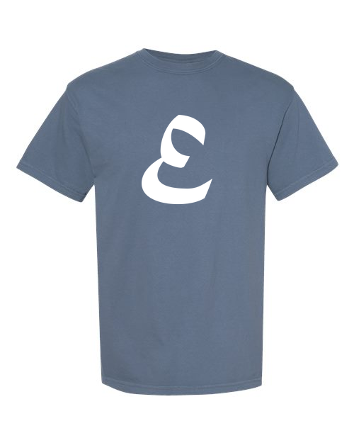 Alphabet E T-Shirt 9 inch calligraphy White ink, Blue Jean