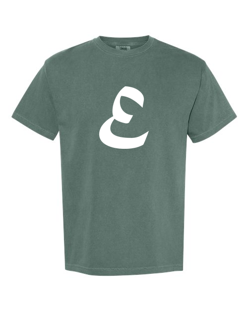 Alphabet E T-Shirt 9 inch calligraphy White ink, Blue Spruce