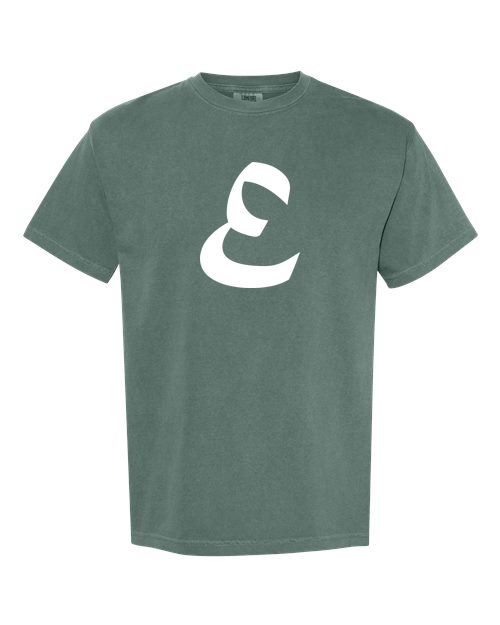 Alphabet E T-Shirt 9 inch calligraphy White ink, Blue Spruce