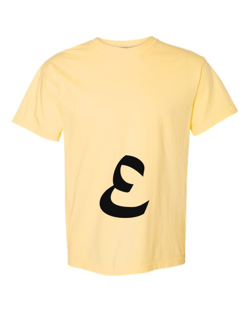 Alphabet E T-Shirt 9 inch calligraphy Black ink, Butter