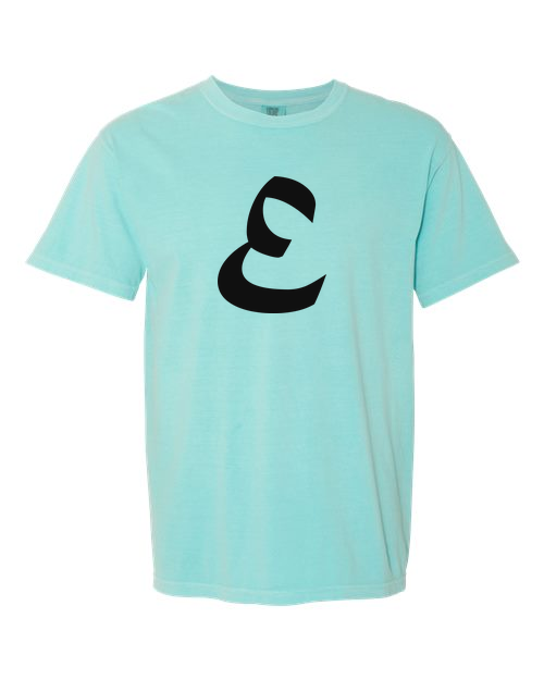 Alphabet E T-Shirt 9 inch calligraphy Black ink, Chalky Mint