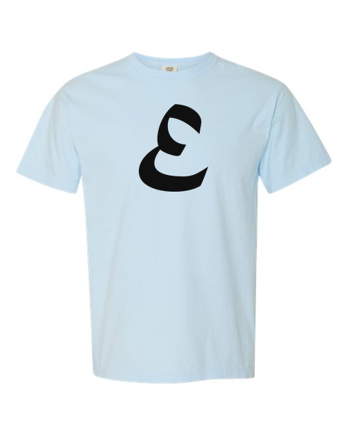 Alphabet E T-Shirt 9 inch calligraphy Black ink, Chambray