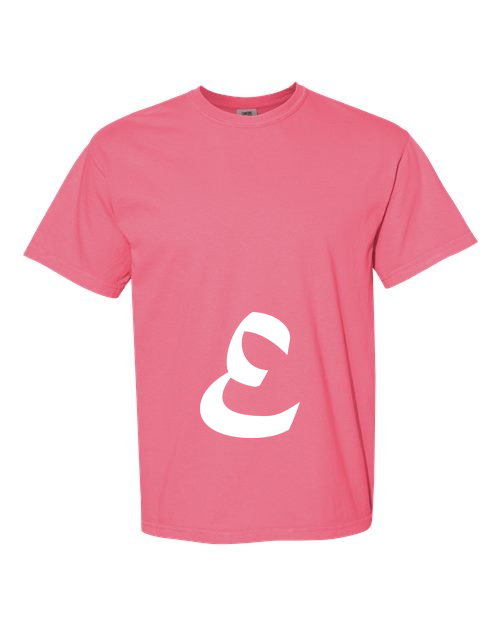 Alphabet E T-Shirt 9 inch calligraphy White ink, Crunchberry