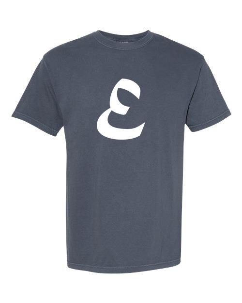 Alphabet E T-Shirt 9 inch calligraphy White ink, Denim