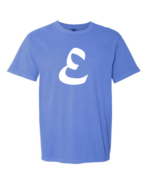 Alphabet E T-Shirt 9 inch calligraphy White ink, Flo Blue