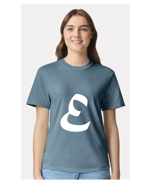 Alphabet E T-Shirt 9 inch calligraphy White ink, Ice Blue