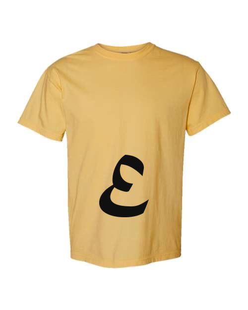 Alphabet E T-Shirt 9 inch calligraphy Black ink, Mustard