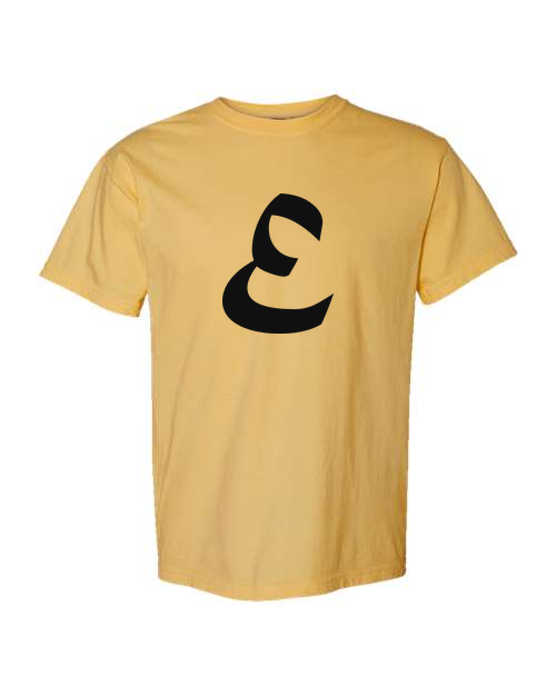 Alphabet E T-Shirt 9 inch calligraphy Black ink, Mustard