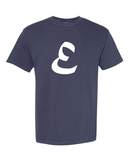 Alphabet E T-Shirt 9 inch calligraphy White ink, Navy