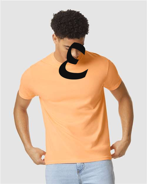 Alphabet E T-Shirt 9 inch calligraphy Black ink, Neon Cantaloupe