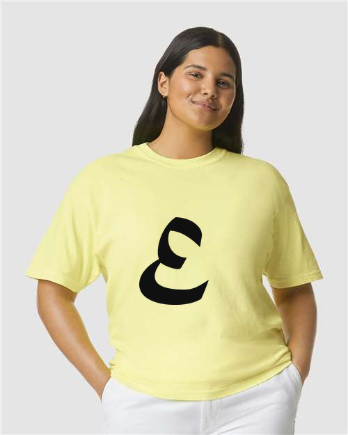 Alphabet E T-Shirt 9 inch calligraphy Black ink, Neon Lemon