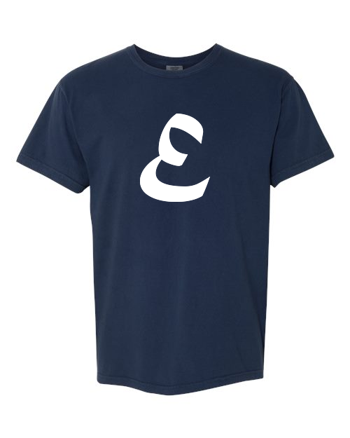 Alphabet E T-Shirt 9 inch calligraphy White ink, True Navy
