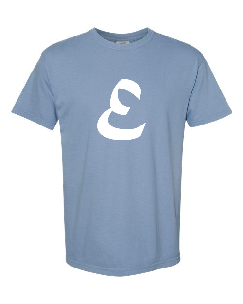 Alphabet E T-Shirt 9 inch calligraphy White ink, Washed Denim