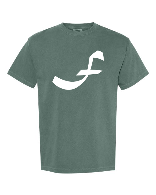 Alphabet F T-Shirt 9 inch calligraphy White ink, Blue Spruce
