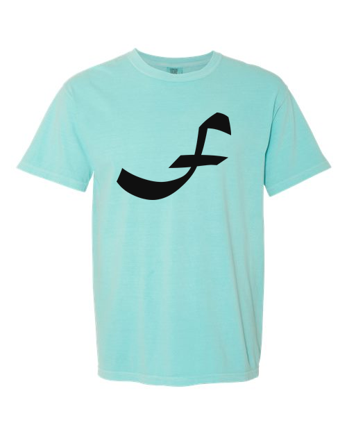 Alphabet F T-Shirt 9 inch calligraphy Black ink, Chalky Mint