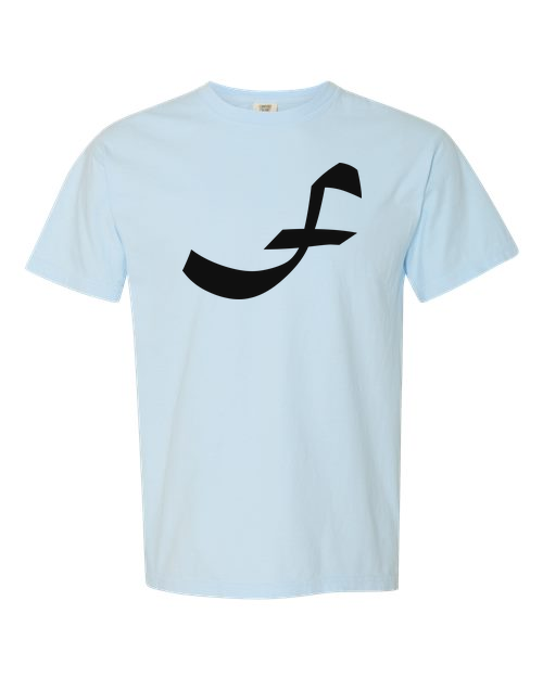 Alphabet F T-Shirt 9 inch calligraphy Black ink, Chambray