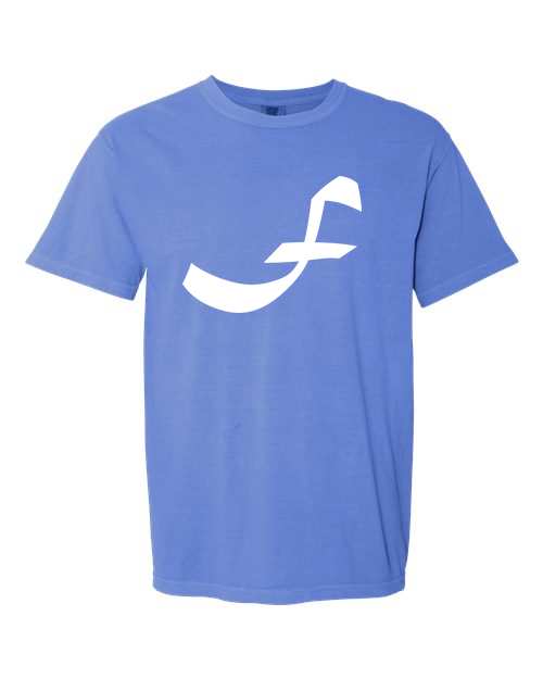 Alphabet F T-Shirt 9 inch calligraphy White ink, Flo Blue